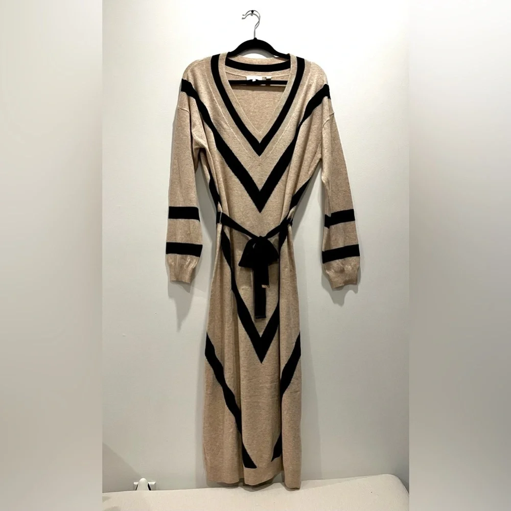 Ted Baker Merino Wool Cashmere Knit Long Sleeve Cream Black Midi Sweater Dress - Picture 4 of 9